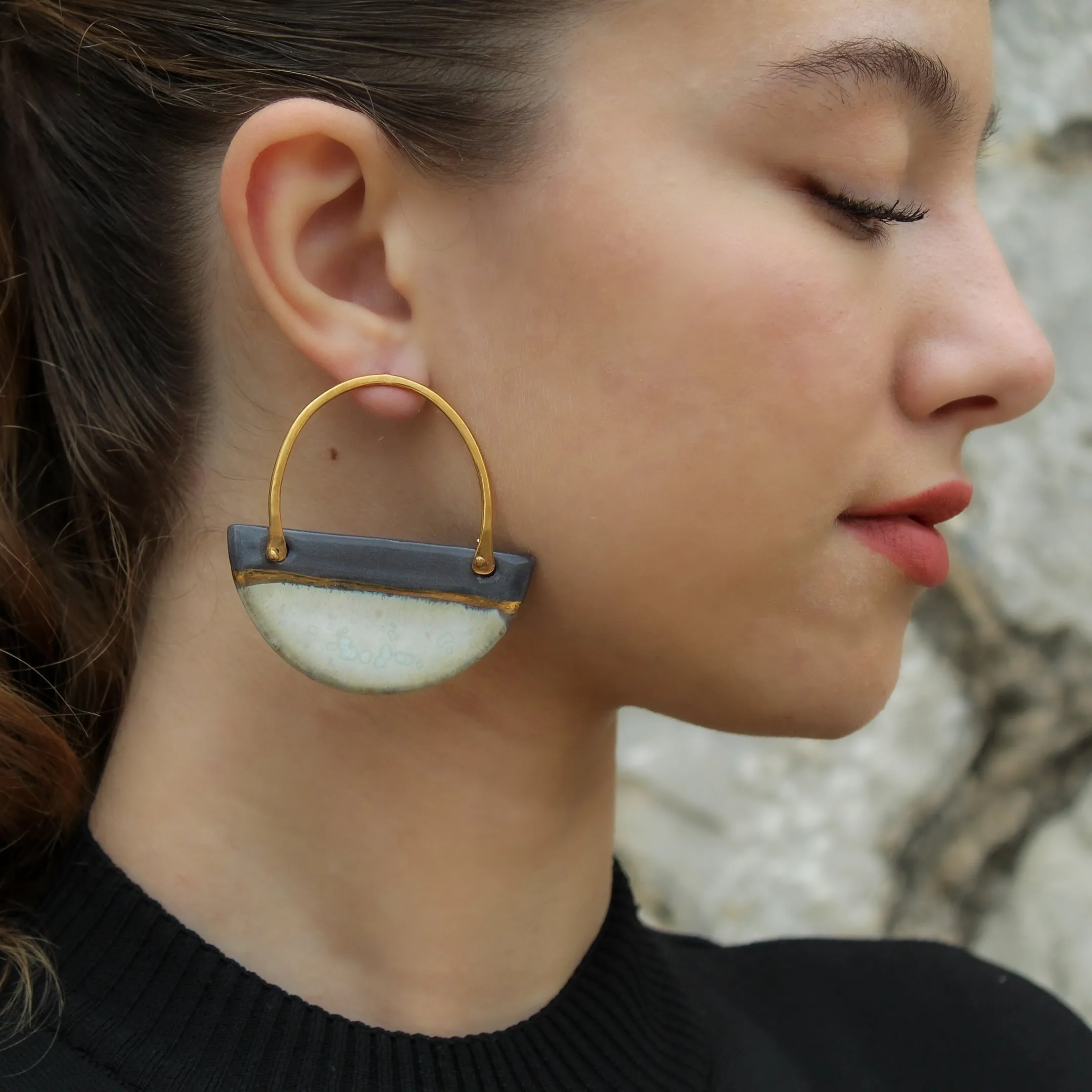 Handmade Statement Porcelain Earrings "Gold Line"