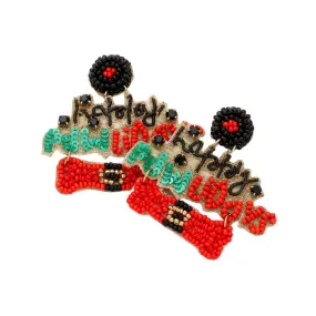 Happy Pawlidays Message Felt Back Beaded Dog Bone Earrings