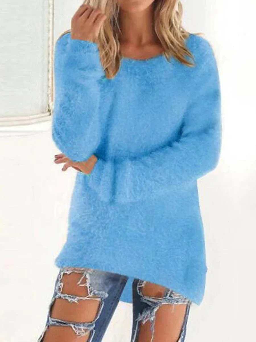 Lake Blue Ribbed Knit Fluffy Fleece Sweater