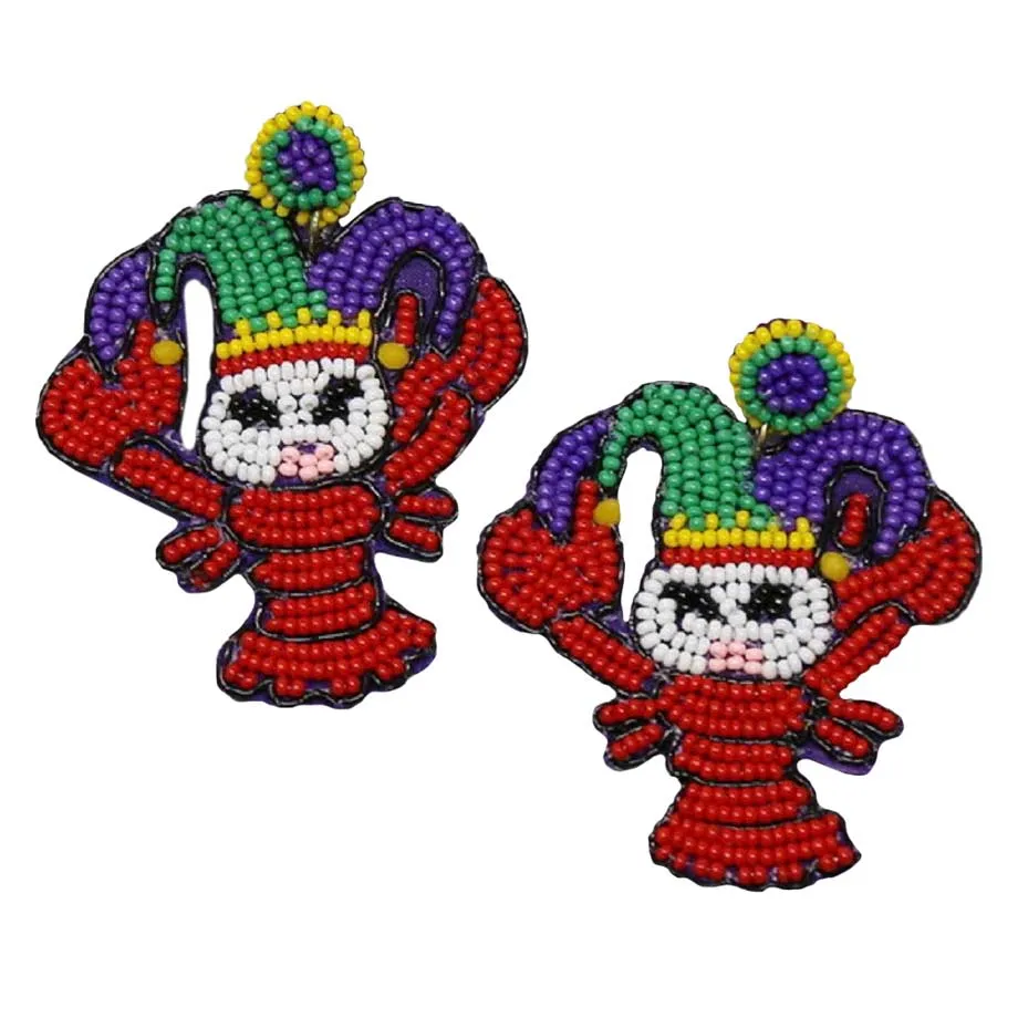 Mardi Gras Crayfish Seed Bead Drop Earrings