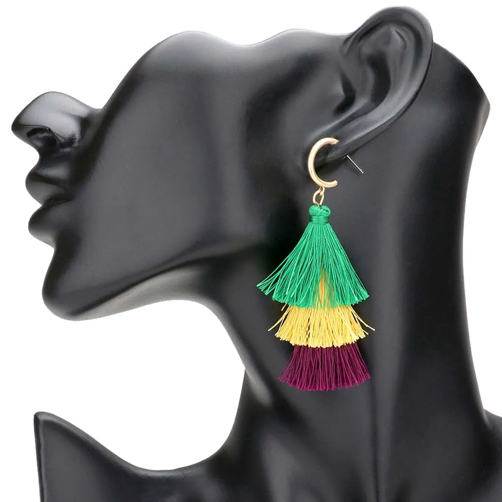 Mardi Gras Metal Hoop Triple Layered Tassel Dangle Earrings