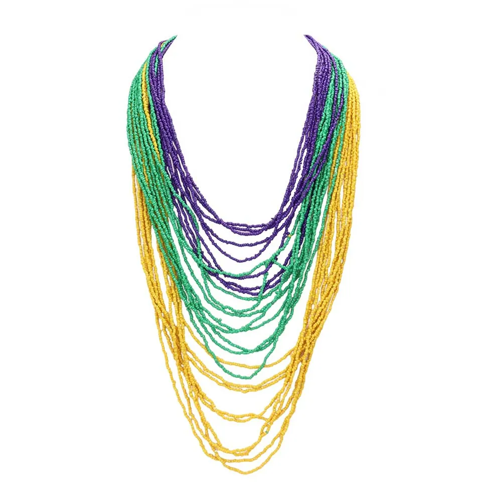 Mardi Gras Seed Beaded Multi Layered Bib Toggle Necklace