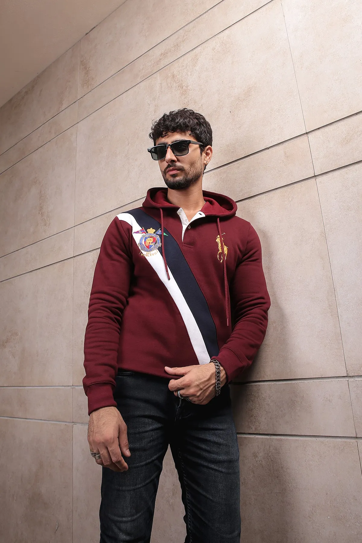 Mehroon panelling Polo hoodie