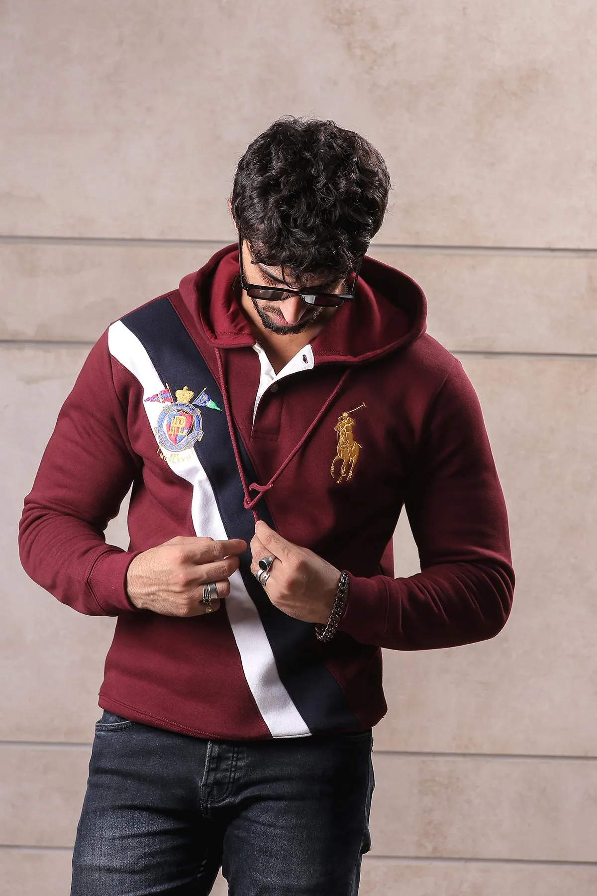 Mehroon panelling Polo hoodie