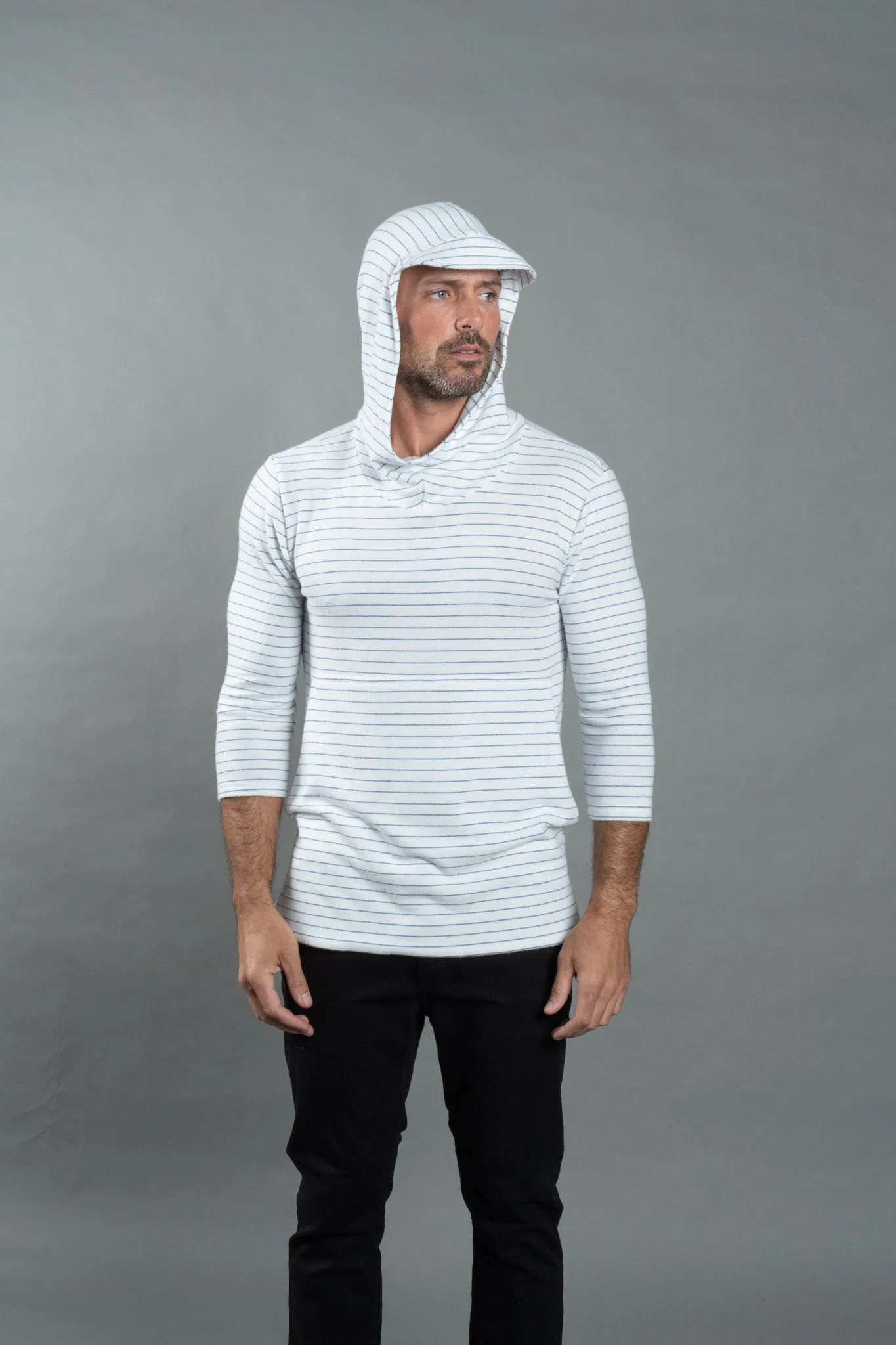 Men's 3/4 Sleeve Cowl Neck Visor Hoodie - White & Navy Thin Stripe