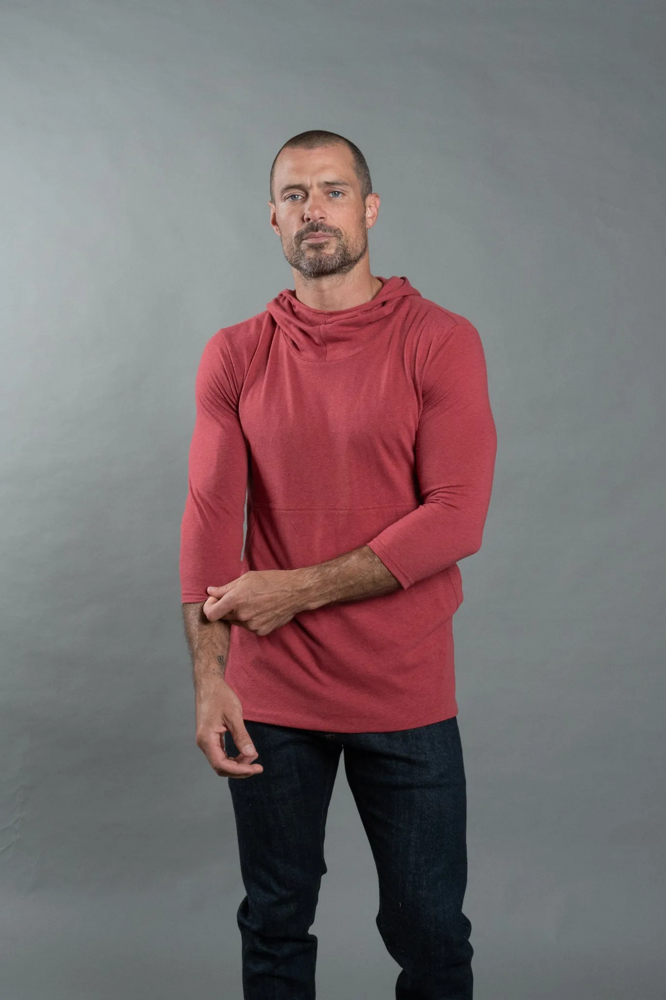 Men's 3/4 Sleeve Cowl Neck Visor Hoodie