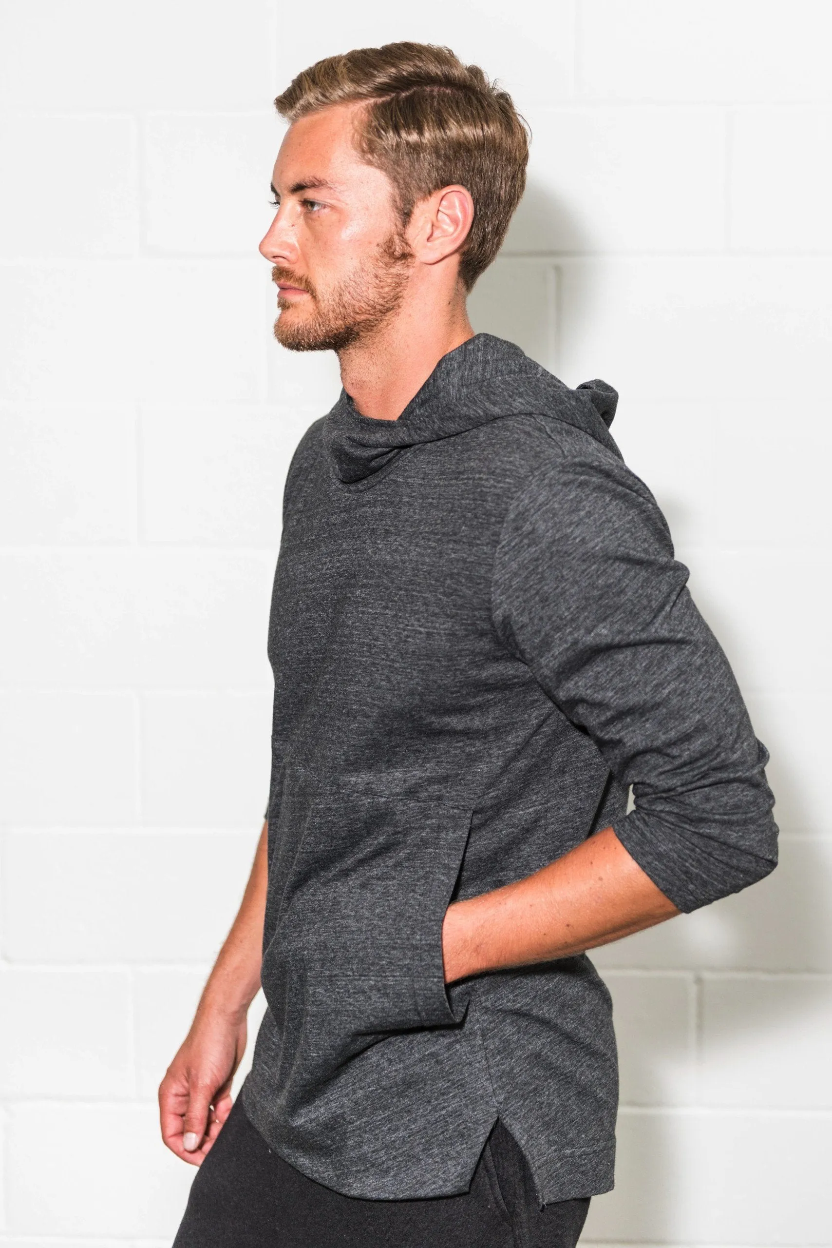 Men's 3/4 Sleeve Cowl Neck Visor Hoodie