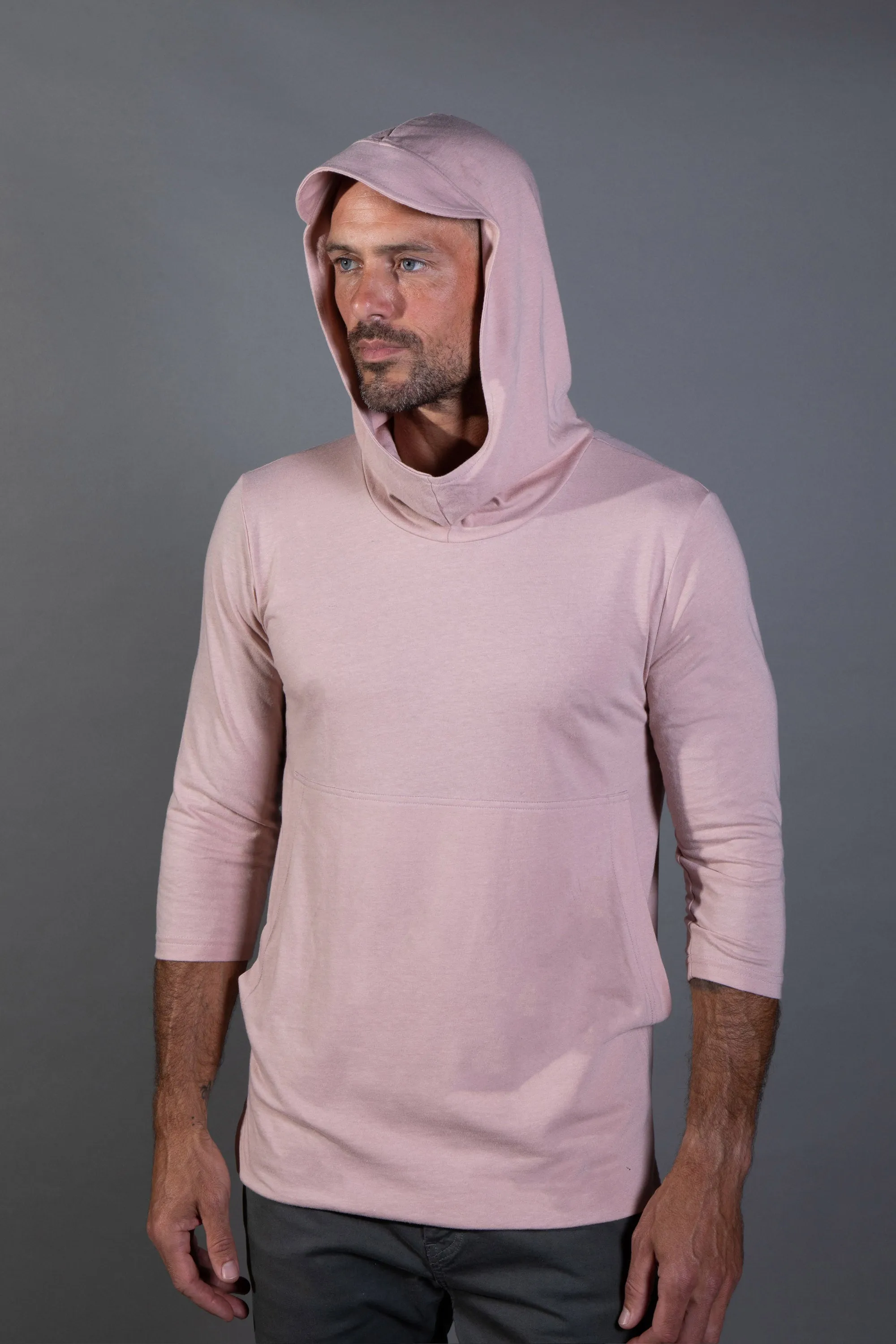 Men's 3/4 Sleeve Cowl Neck Visor Hoodie