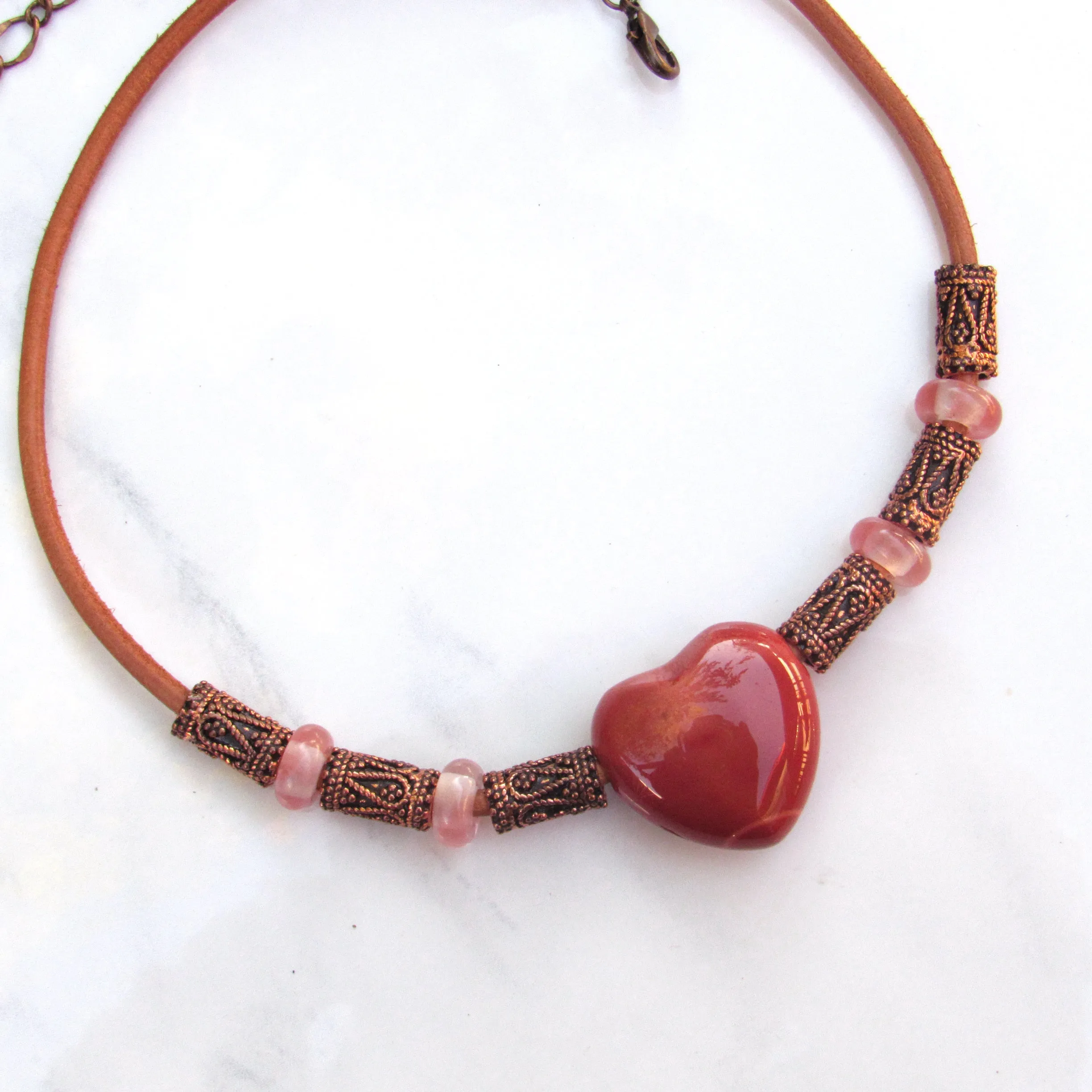 Mookaite gemstone Heart, Cherry Quartz, Copper, and Leather Necklace