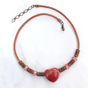 Mookaite gemstone Heart, Cherry Quartz, Copper, and Leather Necklace