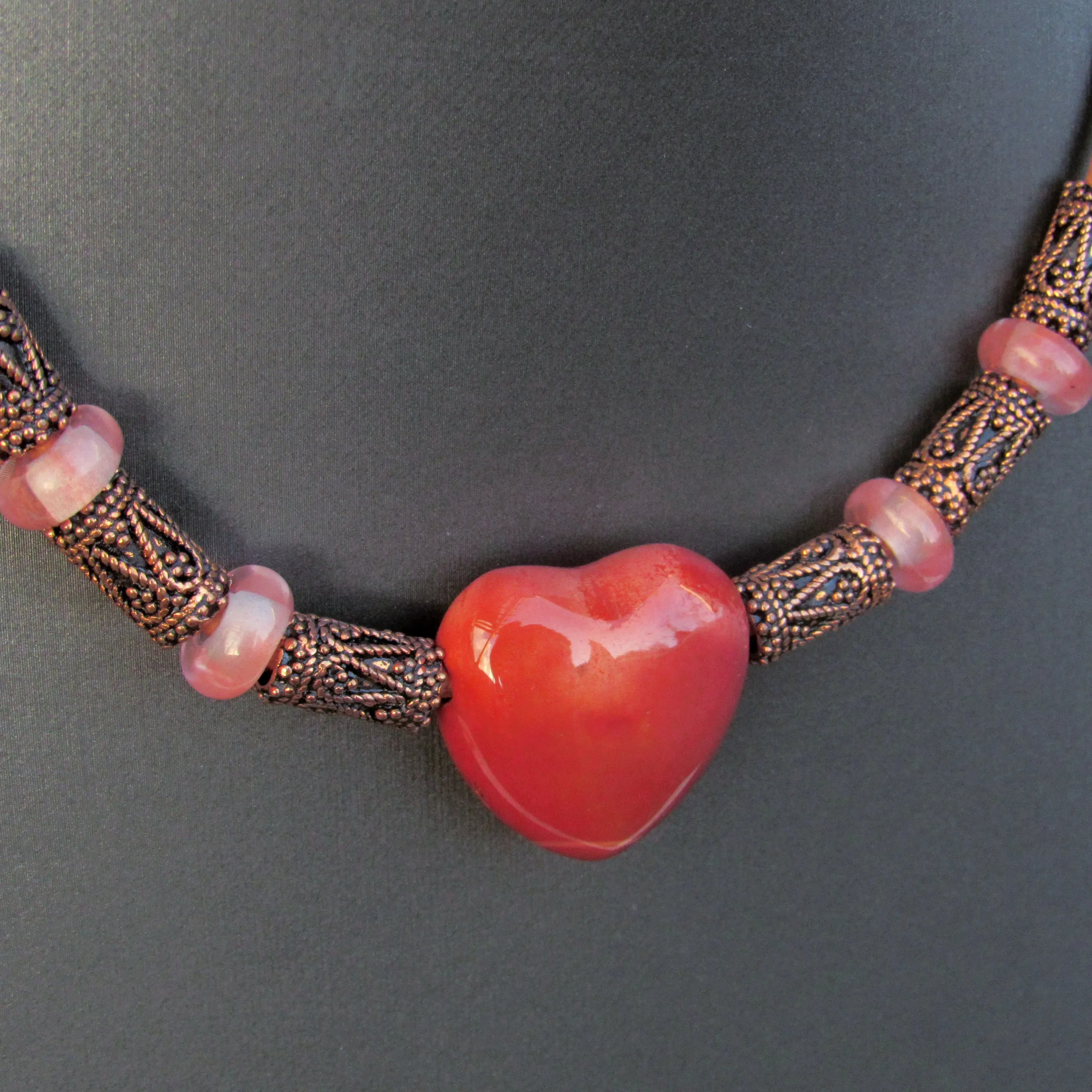 Mookaite gemstone Heart, Cherry Quartz, Copper, and Leather Necklace