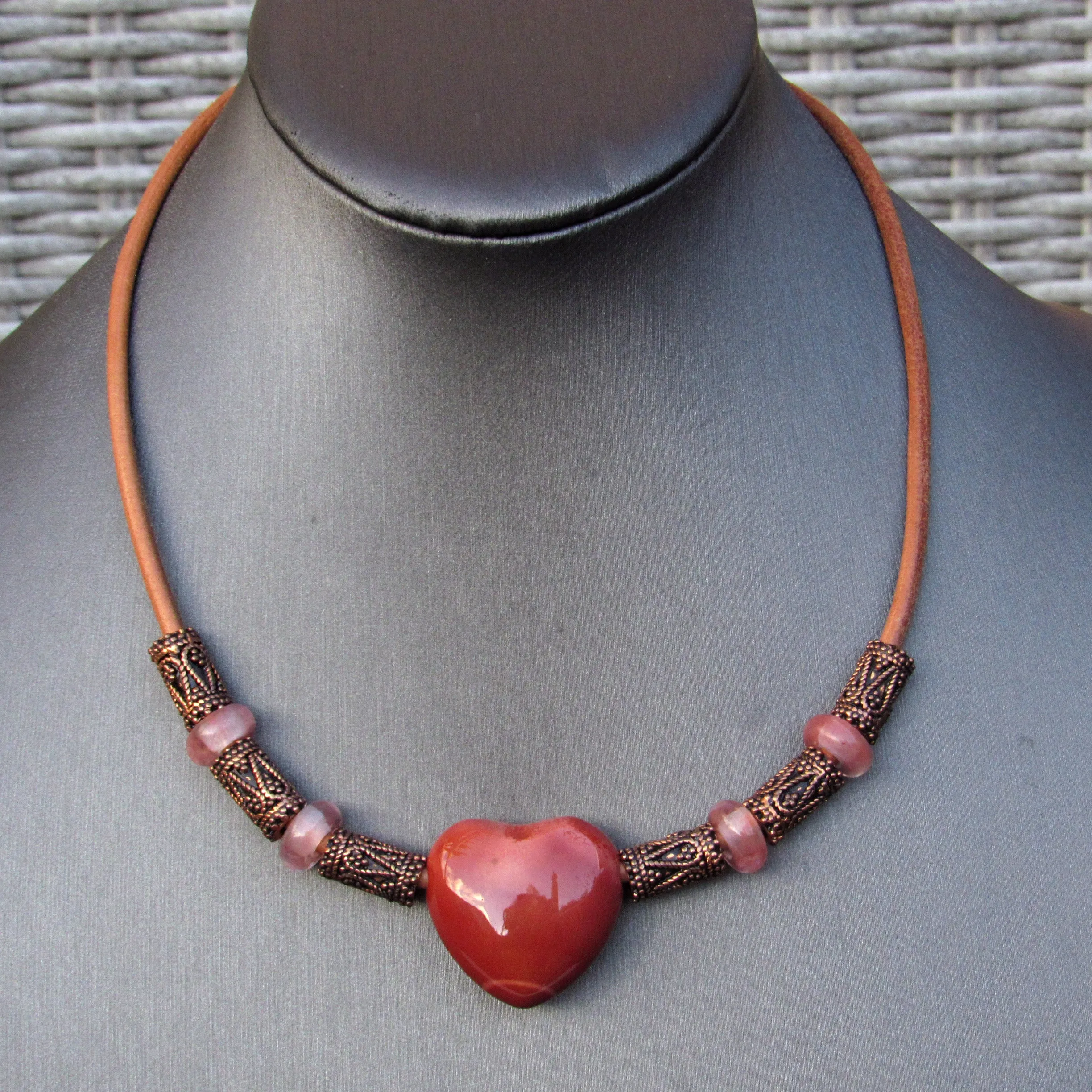 Mookaite gemstone Heart, Cherry Quartz, Copper, and Leather Necklace