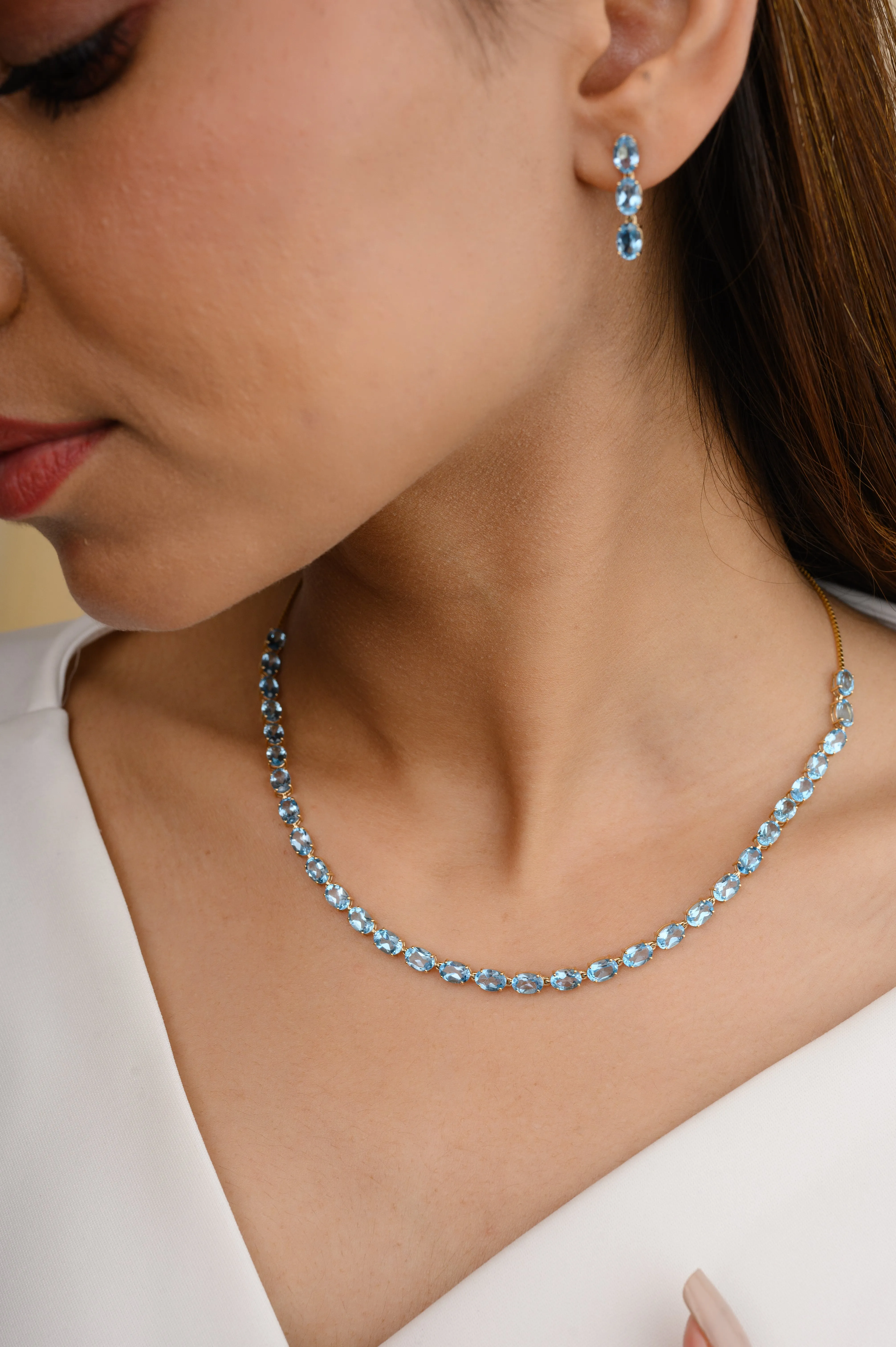 Natural Blue Topaz Gemstone Necklace and Earrings Set