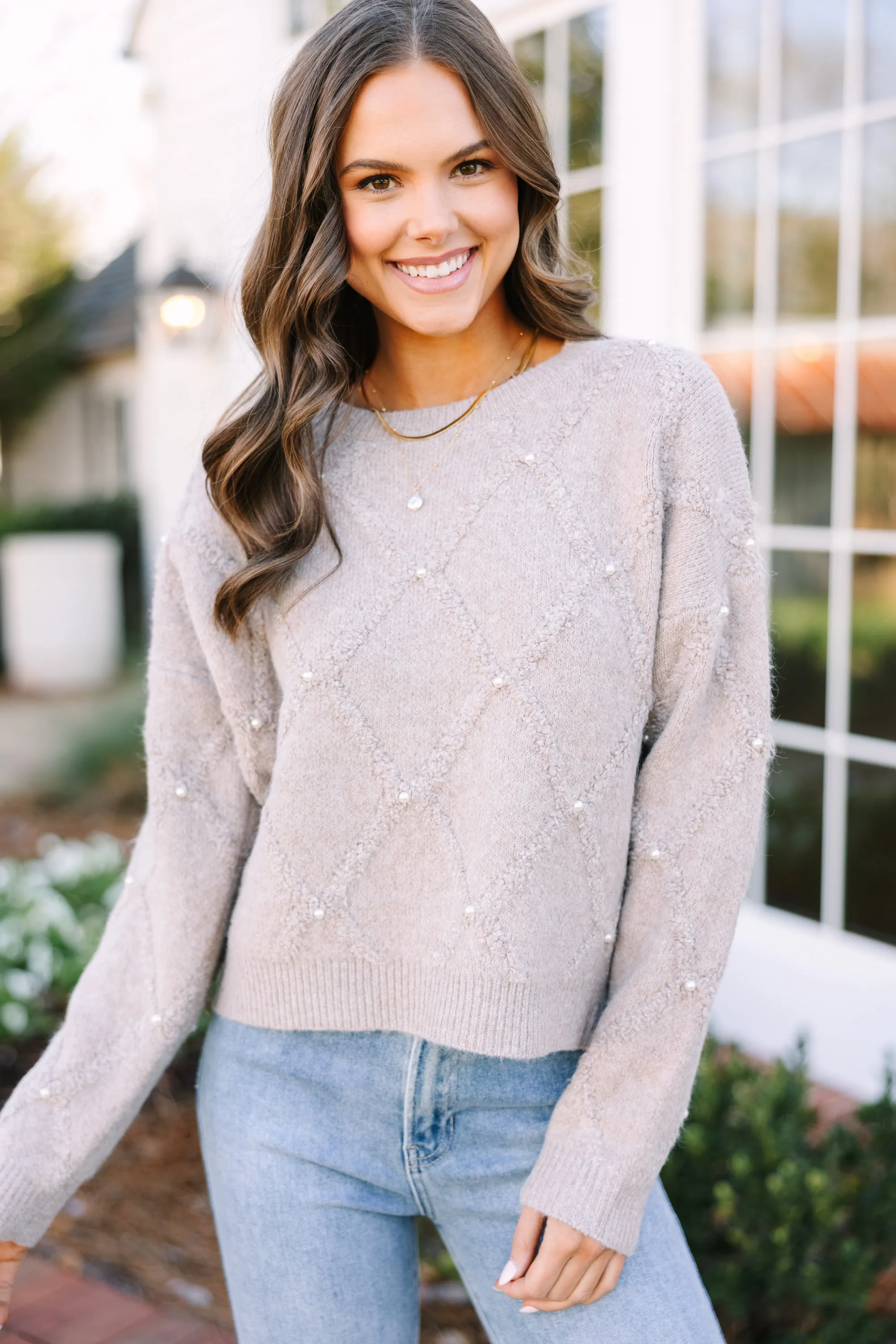 On Your Time Taupe Brown Pearl Embellished Sweater