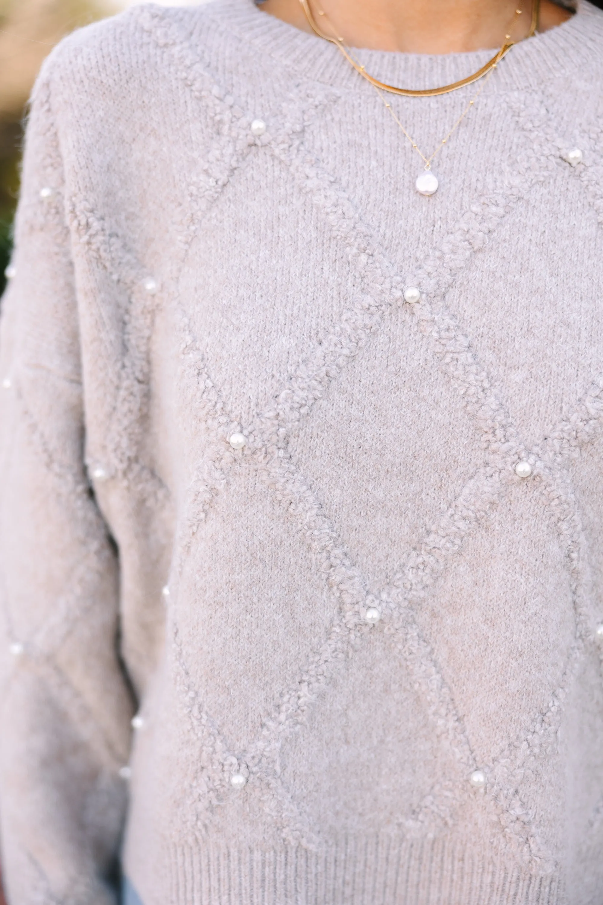 On Your Time Taupe Brown Pearl Embellished Sweater