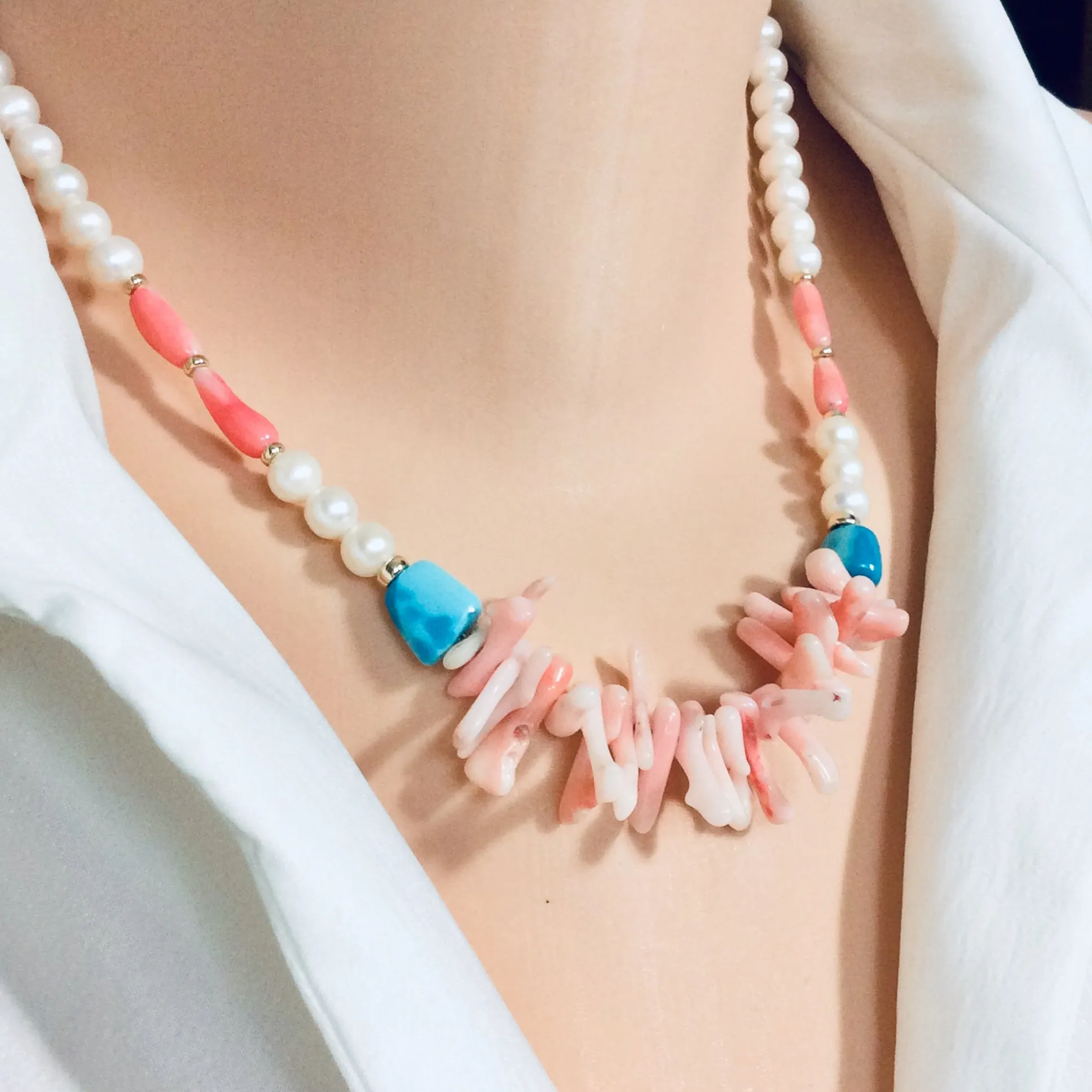 Pink Coral w pearls & Turquoise Necklace, Gold Filled, 18in