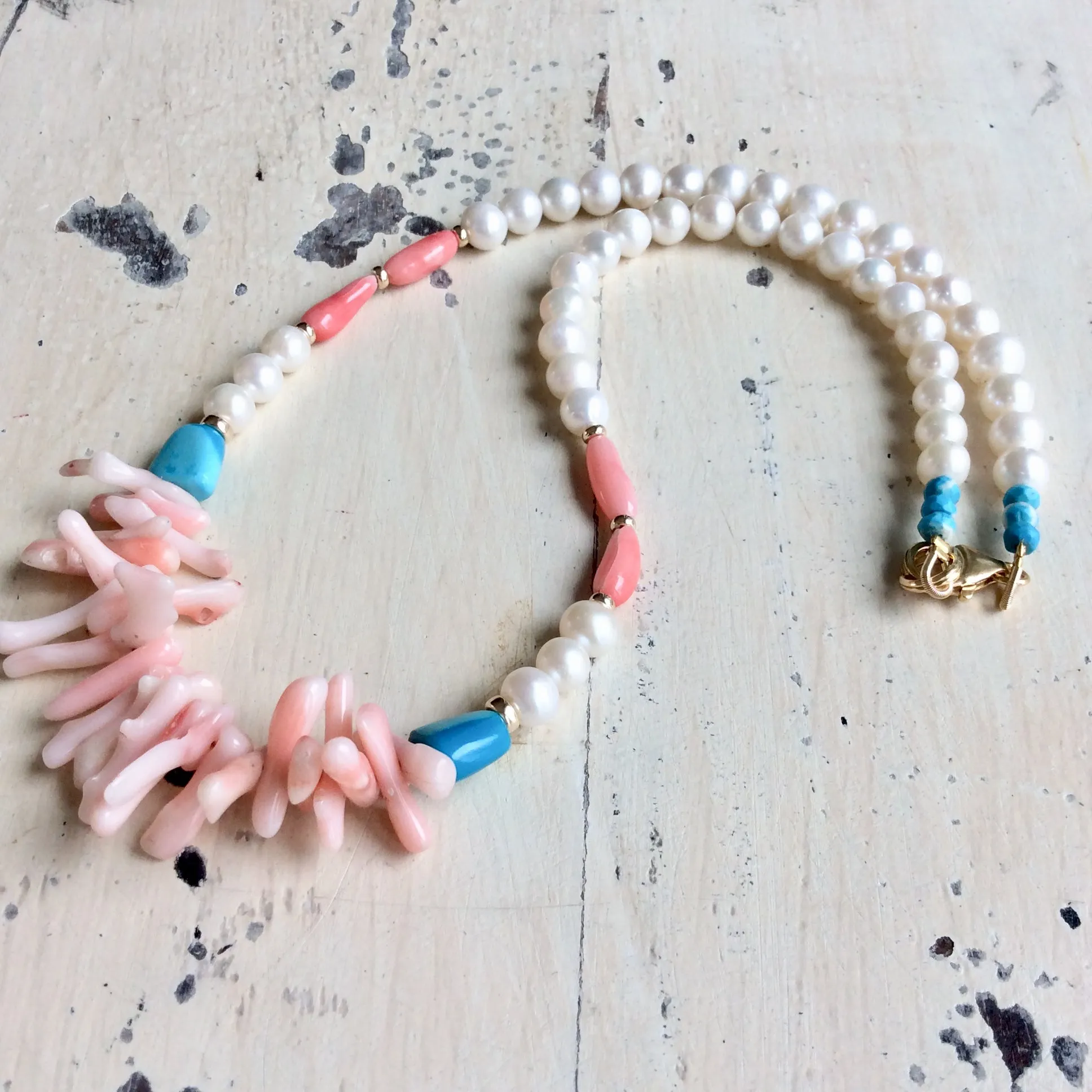 Pink Coral w pearls & Turquoise Necklace, Gold Filled, 18in