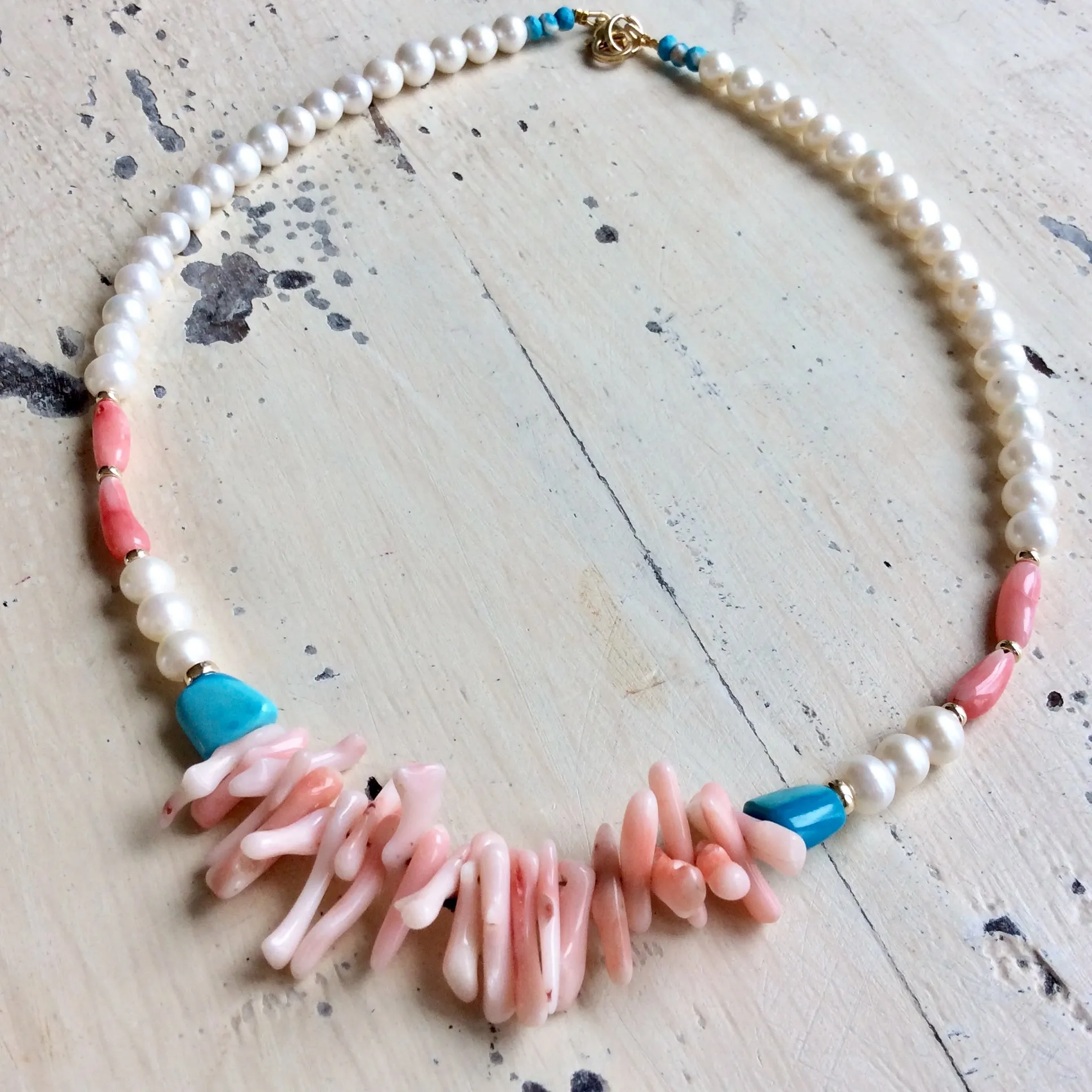 Pink Coral w pearls & Turquoise Necklace, Gold Filled, 18in