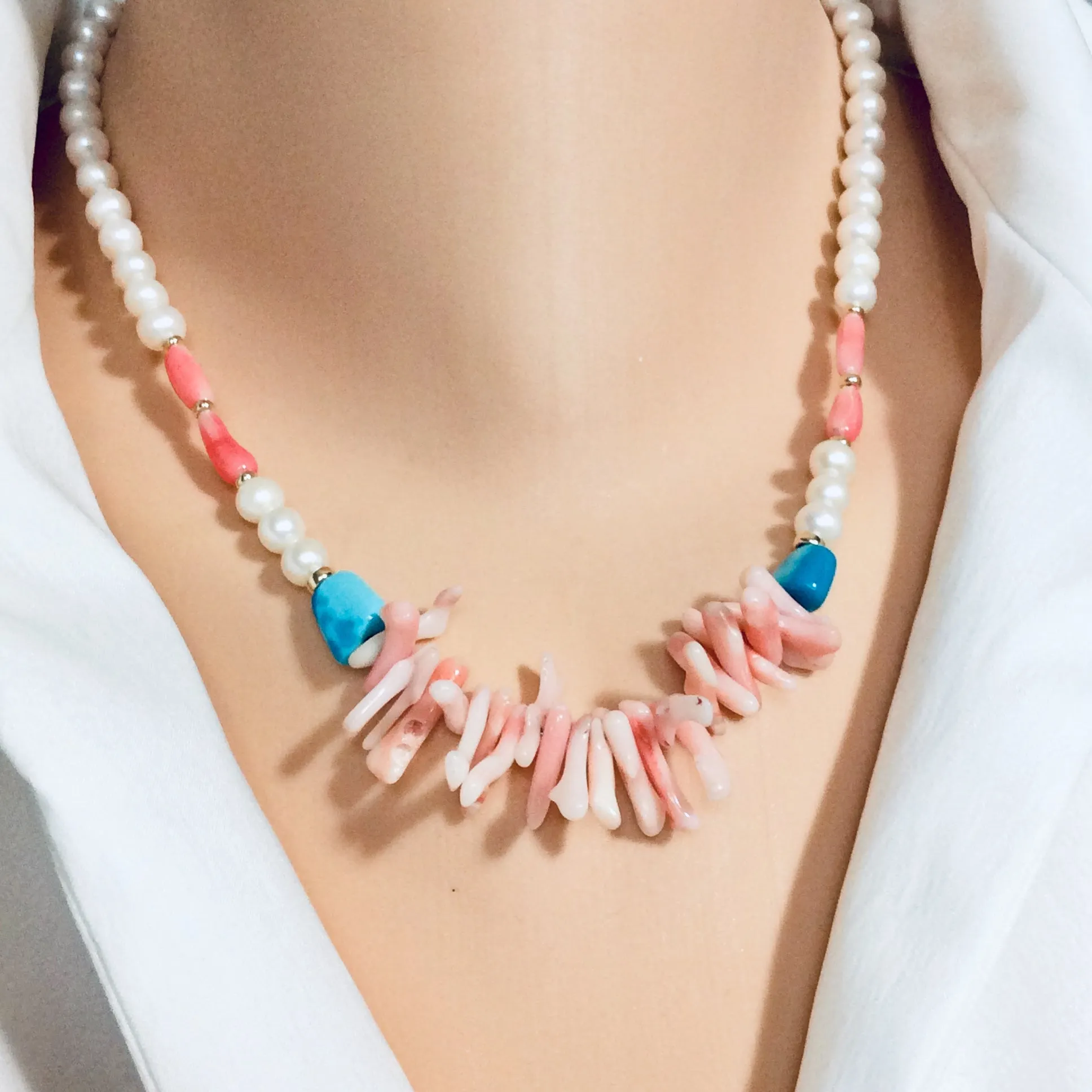 Pink Coral w pearls & Turquoise Necklace, Gold Filled, 18in