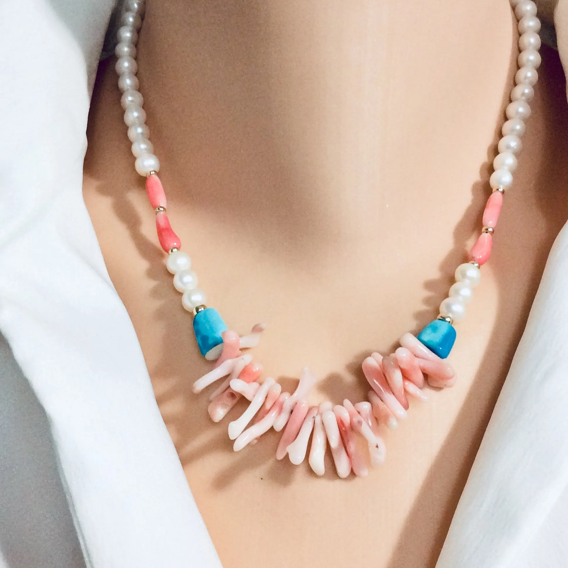 Pink Coral w pearls & Turquoise Necklace, Gold Filled, 18in