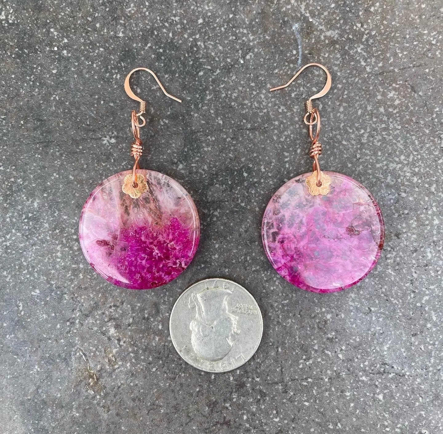 Pink druzy geode agate wrapped copper drop earrings