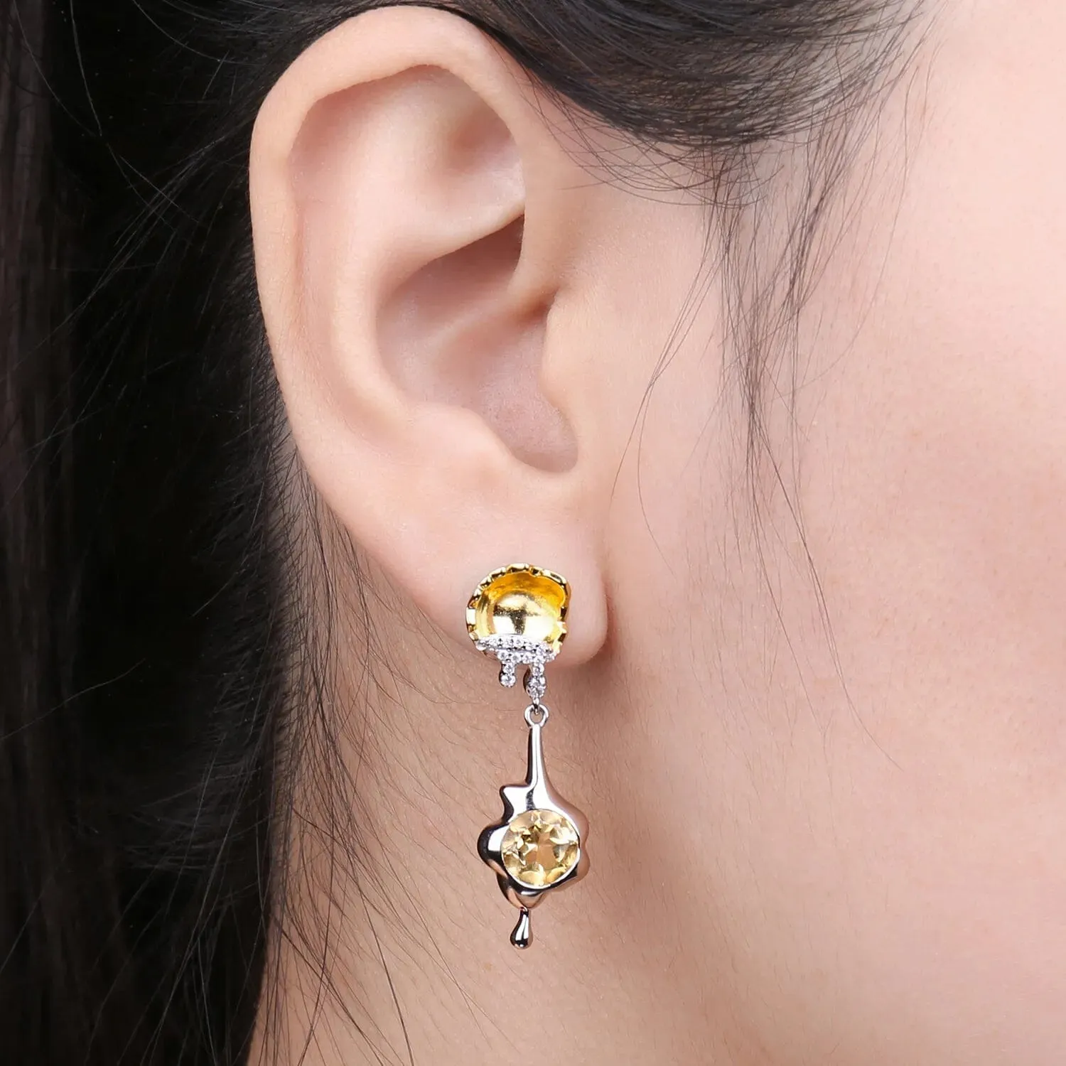 Poached Egg 2.4ct Genuine Citrine 925 Sterling Silver Dangle Drop Earrings