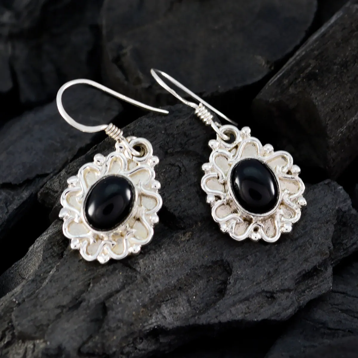 Riyo Genuine Gems round Cabochon Black Onyx Silver Earrings good Friday gift