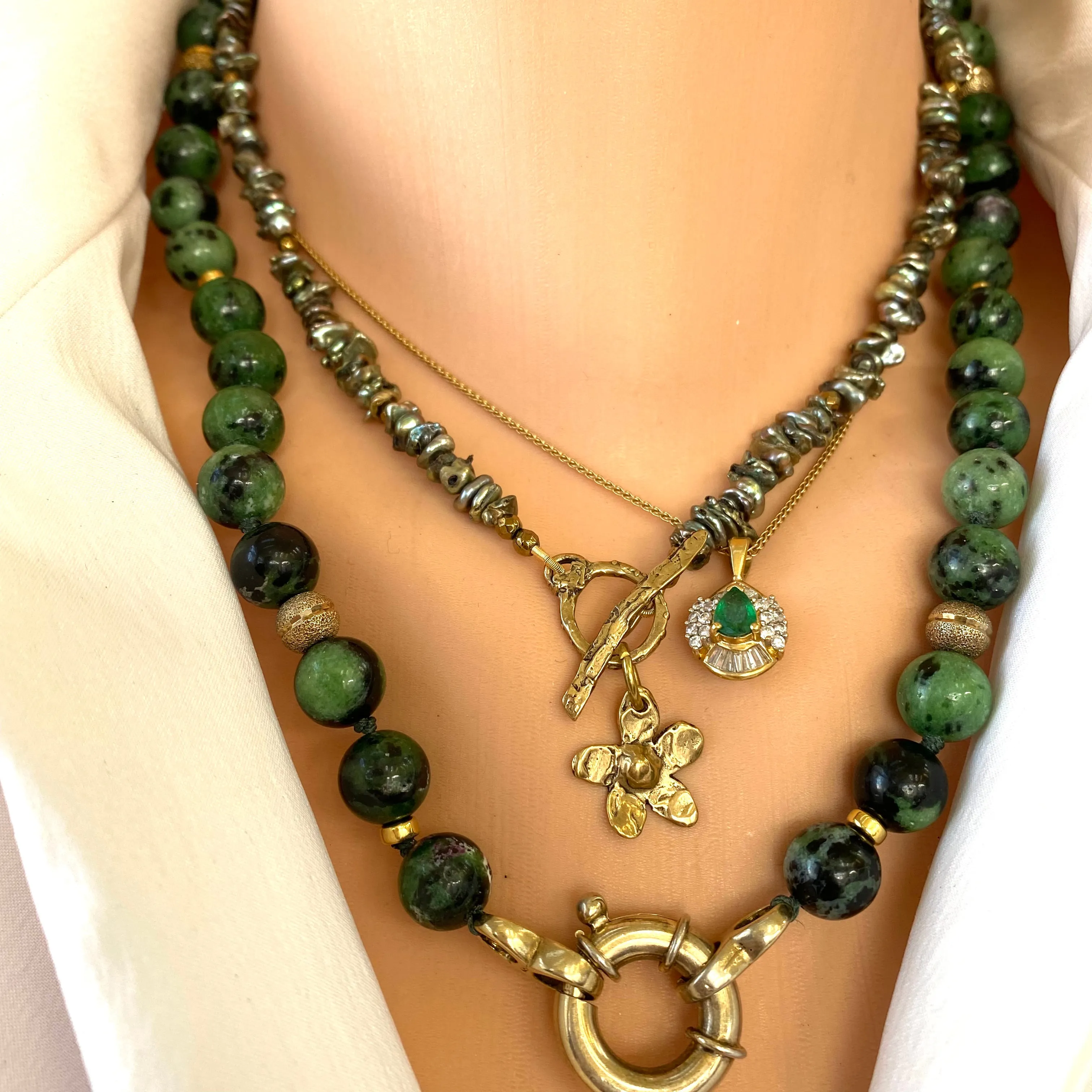 Ruby Zoisite and Gold Vermeil Beaded Necklace