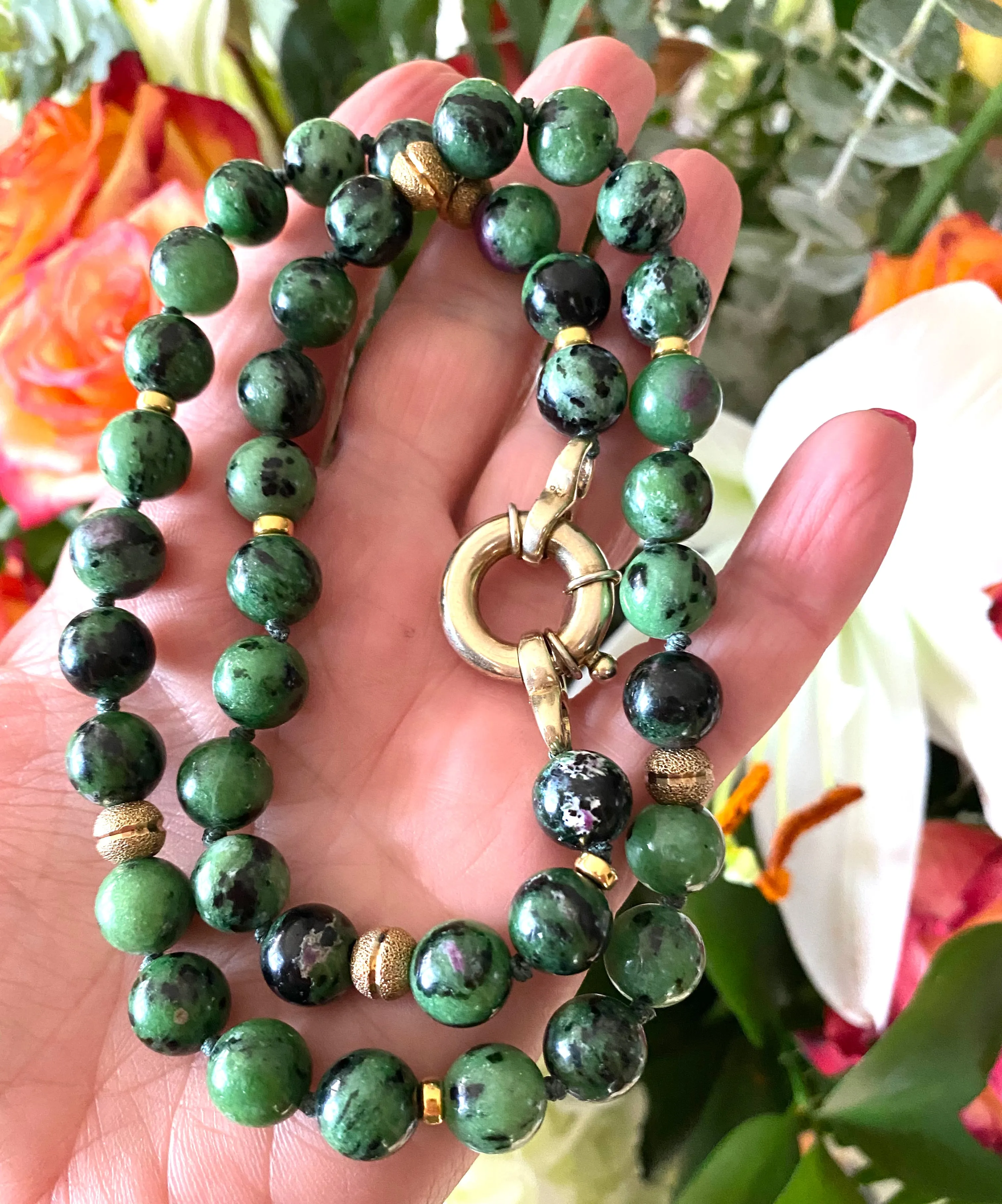 Ruby Zoisite and Gold Vermeil Beaded Necklace