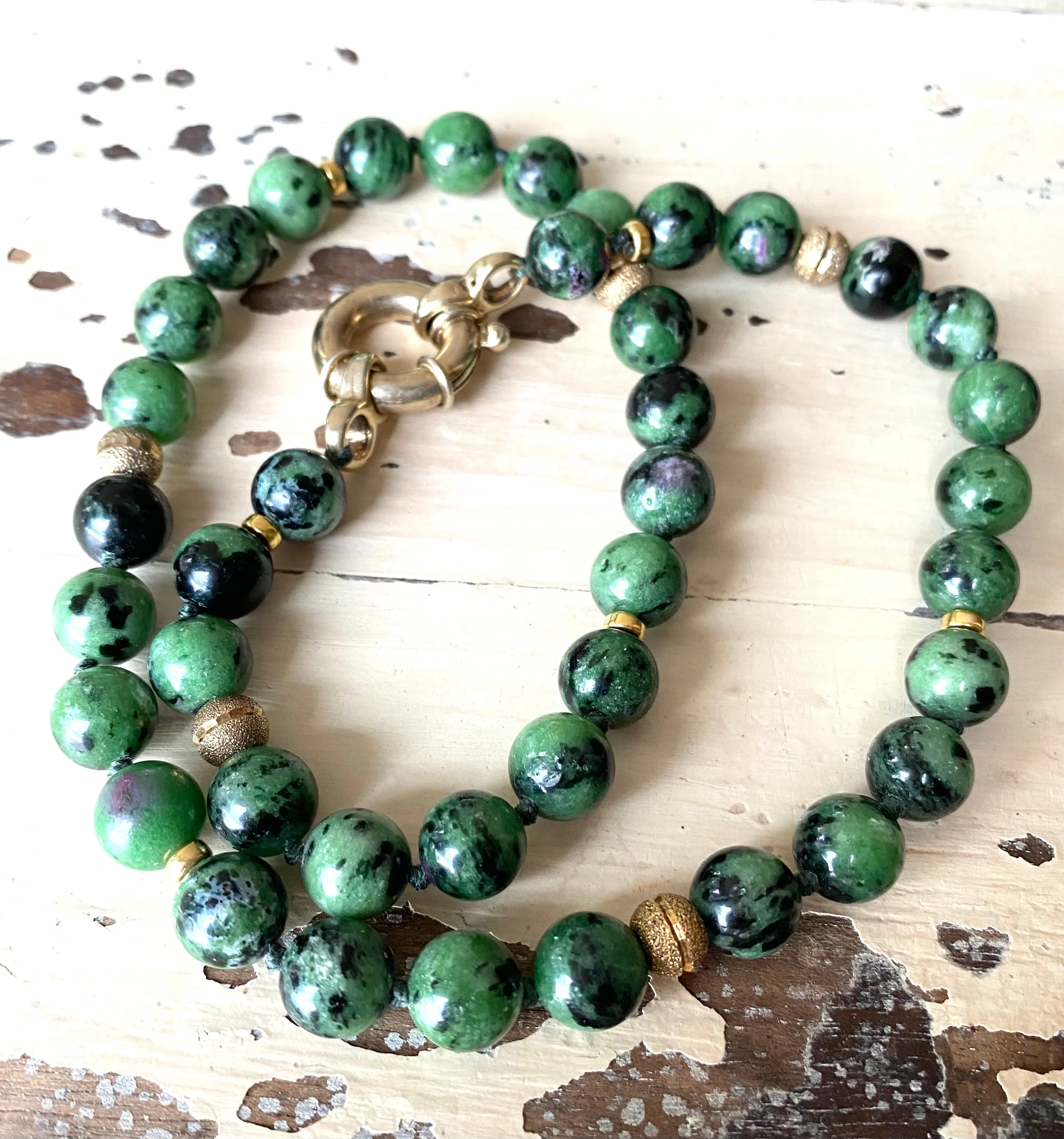 Ruby Zoisite and Gold Vermeil Beaded Necklace