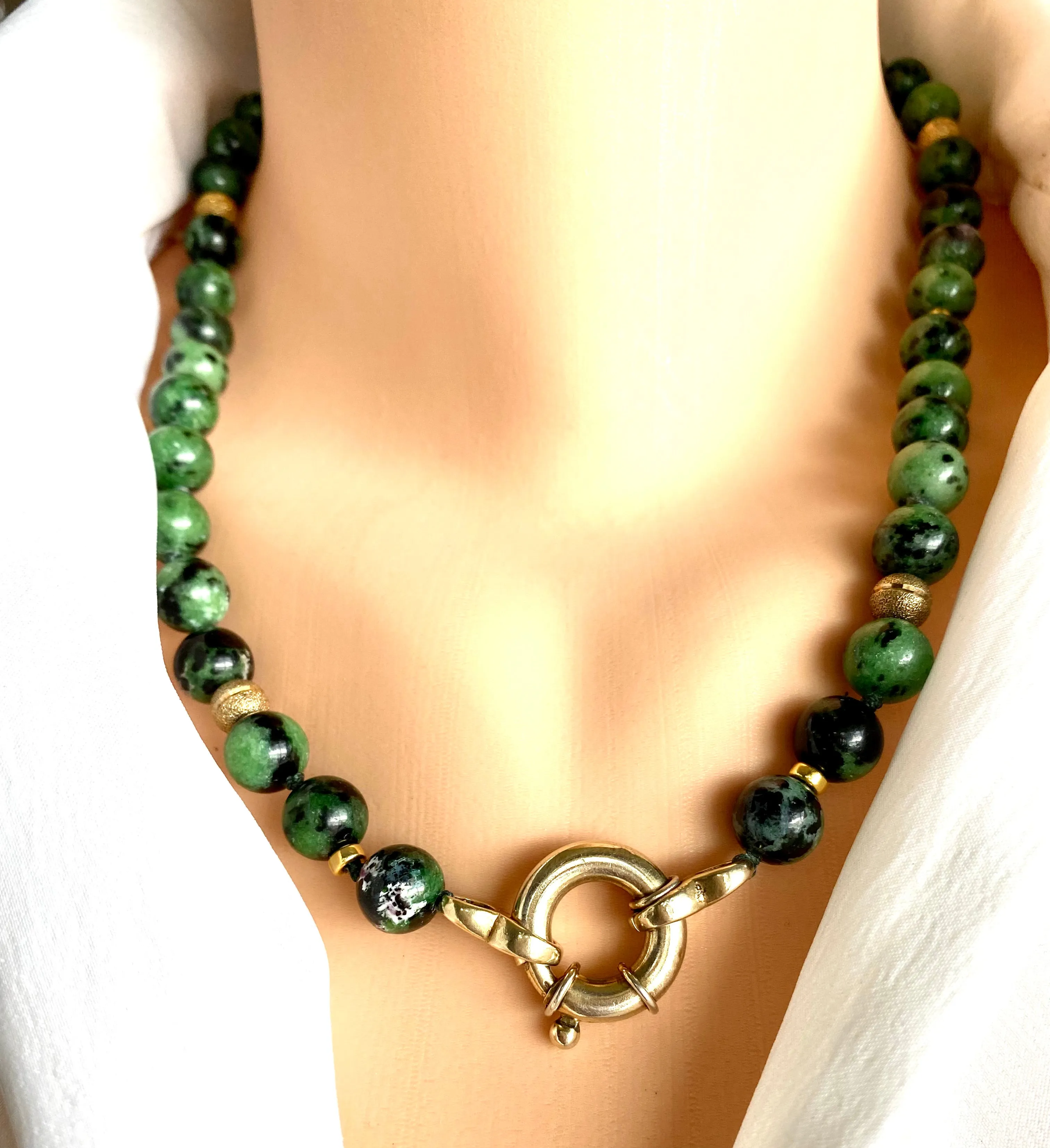 Ruby Zoisite and Gold Vermeil Beaded Necklace