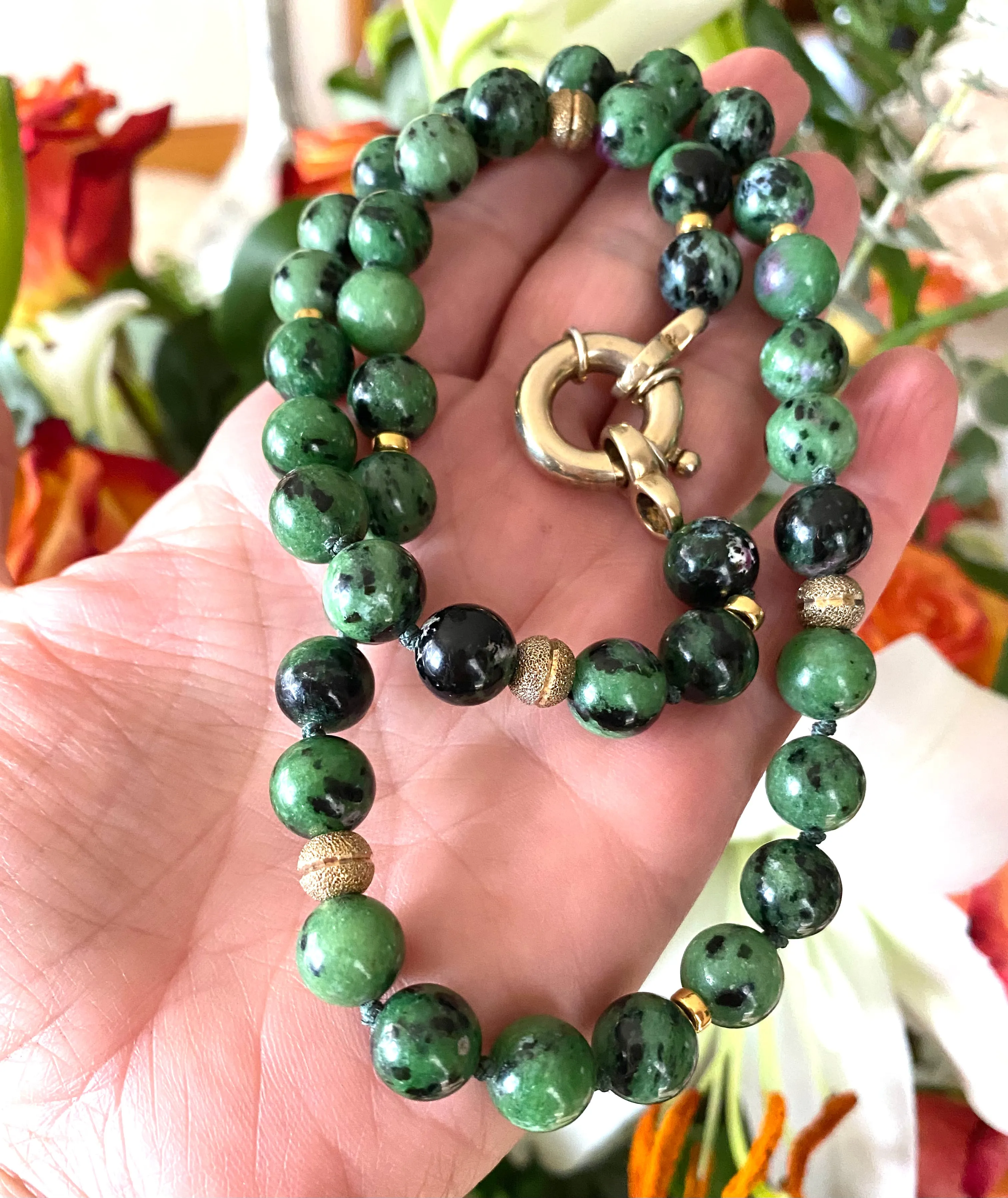 Ruby Zoisite and Gold Vermeil Beaded Necklace