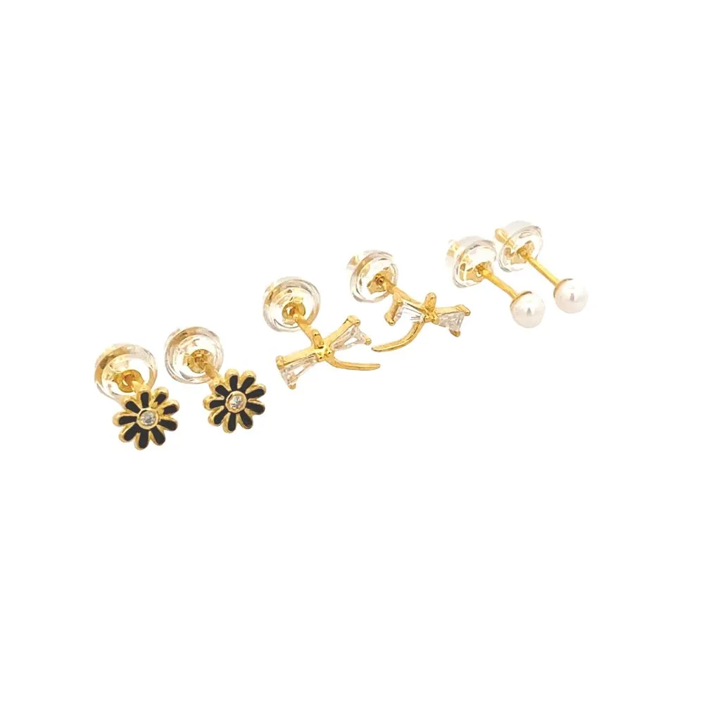 Silverworks Set of Dragonfly, Flower and Pearl Dainty Gold Stud Earrings - MicroStud Collection S738