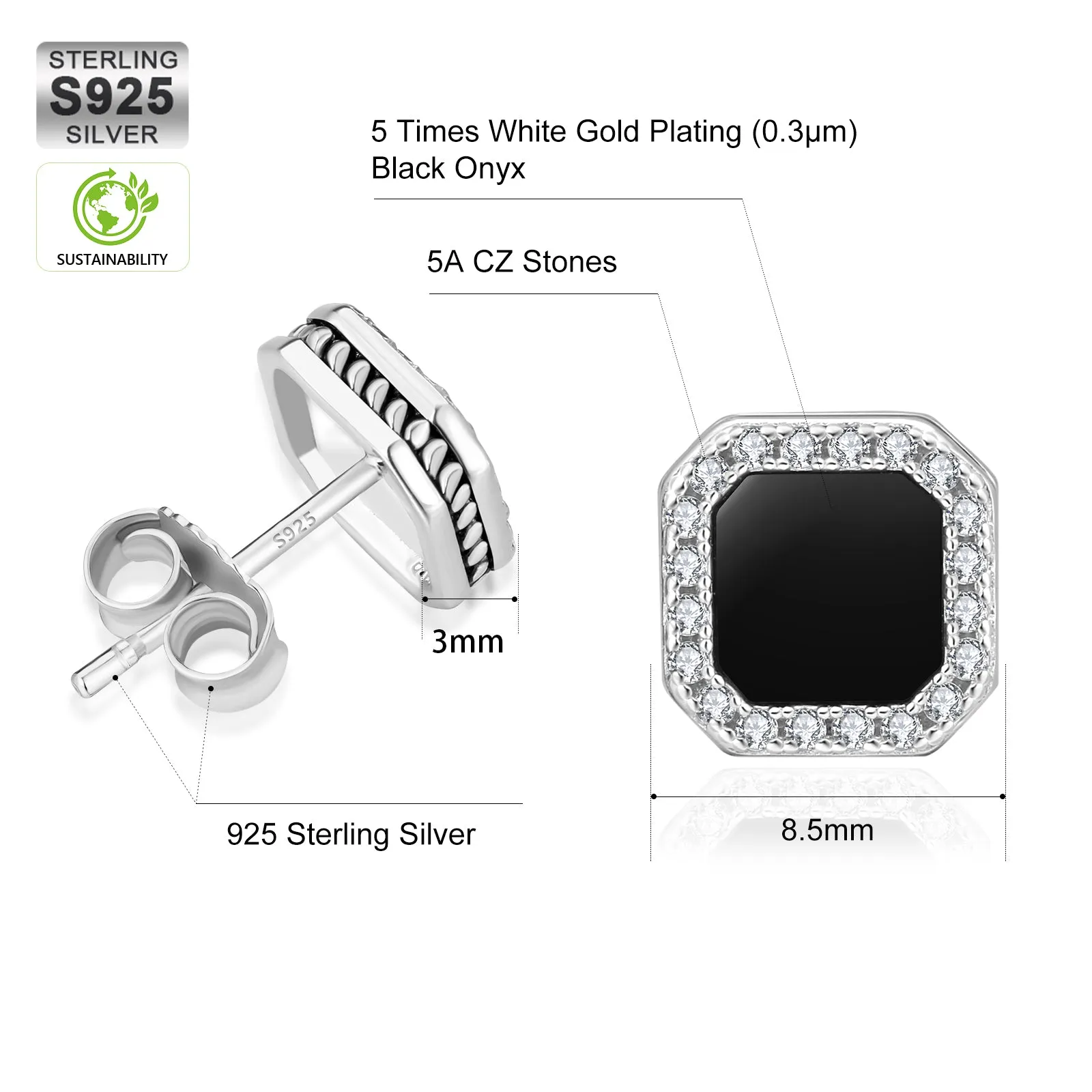 Square Black Iced CZ Stud Earrings for Men