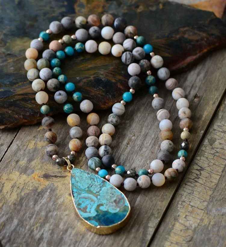 Stunning Huge Turquoise Ocean Jasper Teardrop Pendant Mix Natural Stones Necklace