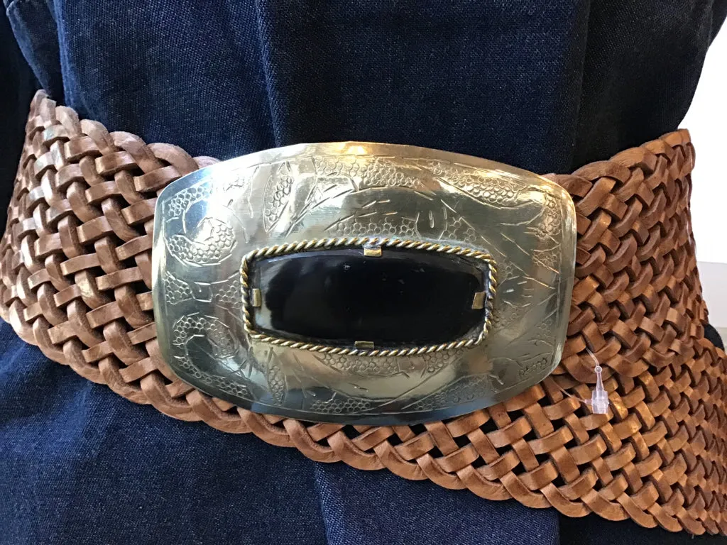 Tan Woven Rectangle Bone Buckle Belt