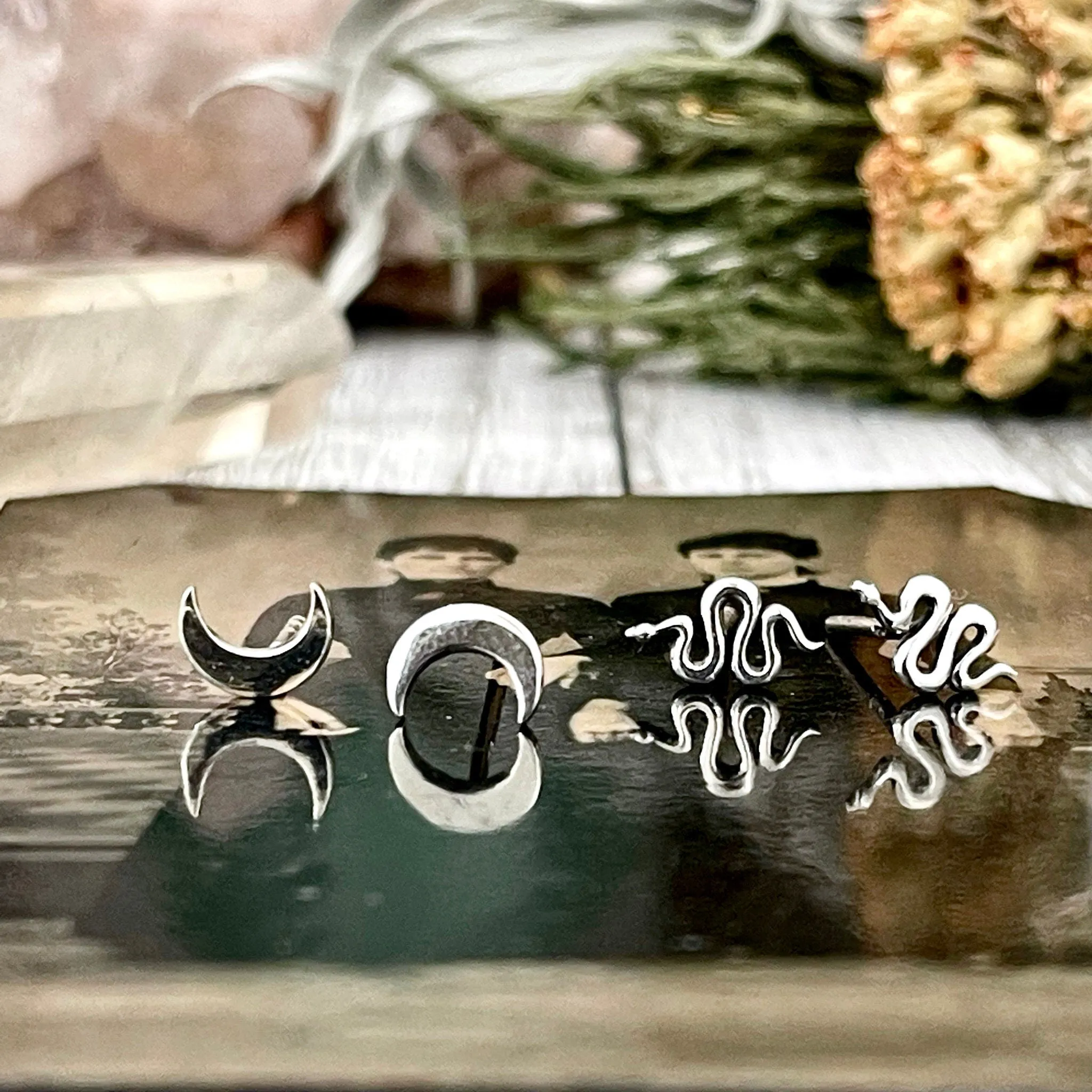 Tiny Crescent Moon and Snake Stud Earring Set /