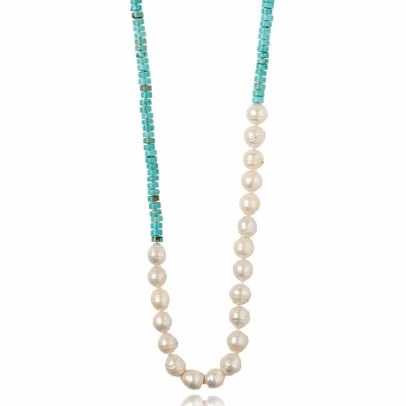 Turquoise & White Pearl Necklace with Sterling Silver