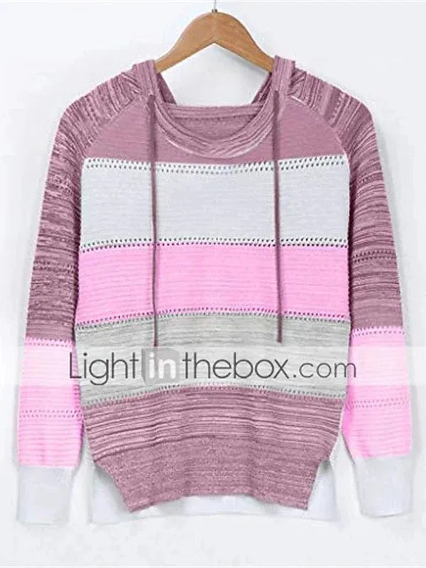 Women's Soft Knit Color Block Pullover Sweater Jumper with Hood